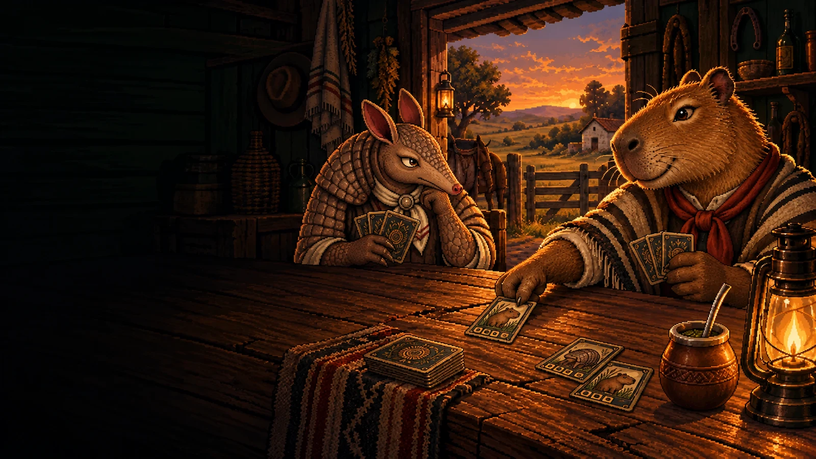Un carpincho y un tatú juegan cartas de Naipe Cimarrón en una mesa de madera junto a una lámpara y un mate, con el campo uruguayo al atardecer detrás.