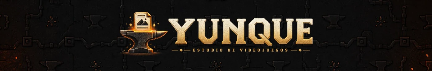 YUNQUE, estudio de videojuegos, junto a un yunque forjado en píxel art